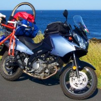 I’ve really been enjoying the all-rounder frame that you built for me a couple years ago now. I took a summer getaway trip around Maine and thought you might enjoy a picture… especially with your moto interests. I think I’ve created the world’s first V-Strong! Both bikes ride great! Hope that you are well…