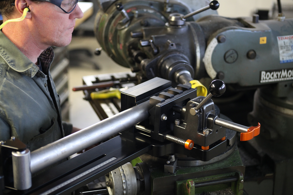 A view of the Anvil Main Tube Mitering fixture. Several sets of interchangeable jaws, tube holders and dummy mandrels give the flexibility to miter a wide range of tube diameters and profiles. These jaws hold tubes very rigidly, which is a necessity when working with titanium and modern ultra-thin steels.