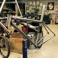Extralite Steel Road. Made with Columbus Spirit, this frame has a stainless integrated seat mast and is setup for internal Di2 Wires.