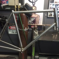 Custom Blend Titanium All-Road with clearance for 44mm tires, through axle and post mount brake.