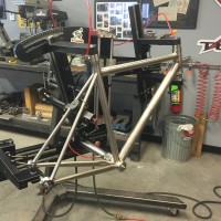 This is a Custom Blend titanium gravel road bike. We’ll be displaying it at NAHBS 2016. It is built for Sram eTAP along with a mix of really nice parts. Come see the finished product at NAHBS in Sacramento Feb 26-29, 2016.