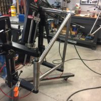 Titanium road bike designed for large tire clearance with long reach caliper brakes.