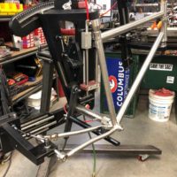 Titanium cyclocross frame. S-Bend chainstays and seatstays, flat-mount brake. This frame features a 40mm headtube extension to address fit concerns.
